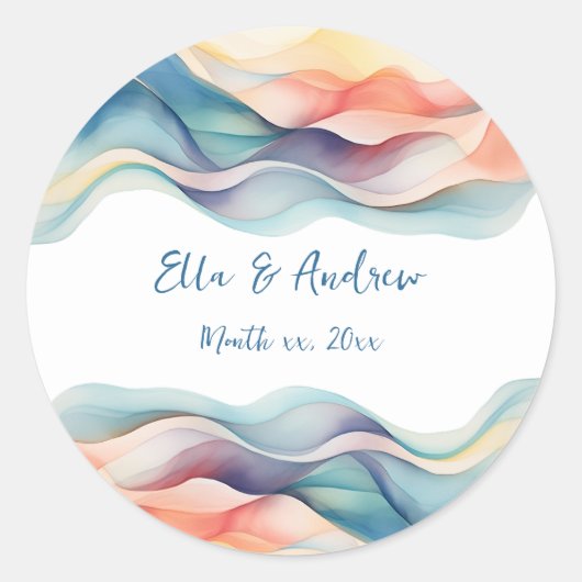 Moderne Abstracte Kleur Wave Blauw Wit Bruiloft Ronde Sticker (Voorkant)