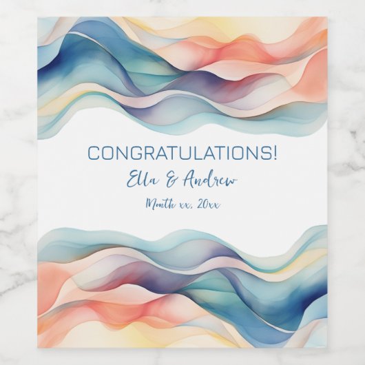 Moderne Abstracte Kleur Wave Blauw Wit Bruiloft Wijn Etiket (Enkel label)