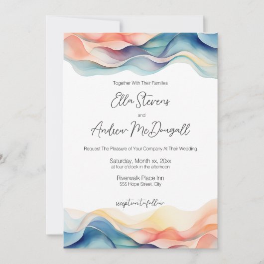 Moderne Abstracte Kleur Wave Blauwe Bruiloft Kaart (Voorkant)
