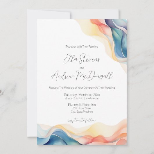 Moderne Abstracte Kleur Wave Blauwe Bruiloft Kaart (Voorkant)