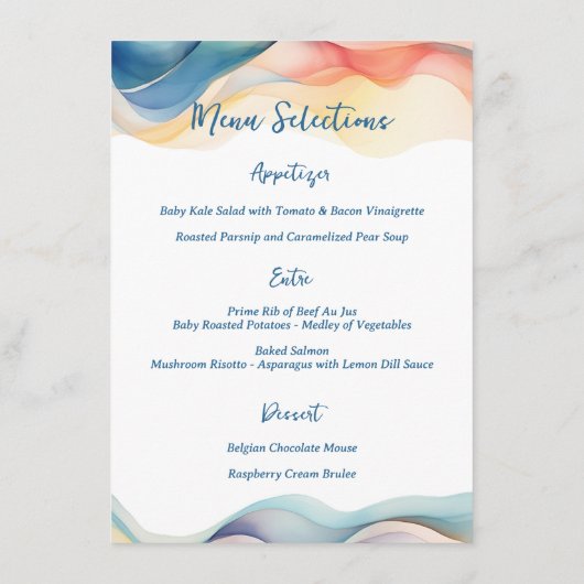 Moderne Abstracte Kleur Wave Blauwe Bruiloft Menu (Achterkant)