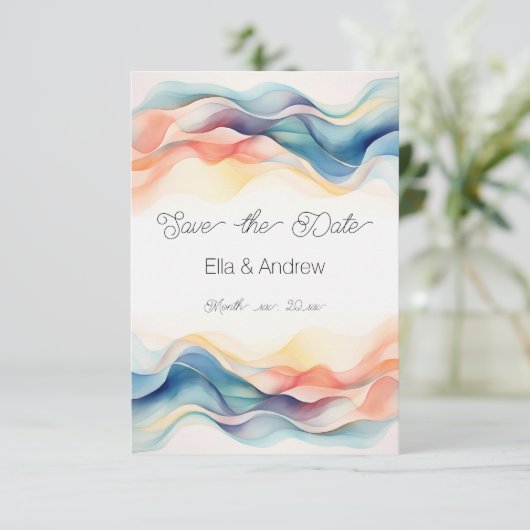 Moderne Abstracte Kleurgolf Blauwe Trouwdag Save The Date (Staand voorkant)
