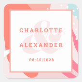 Moderne Abstracte Koraal Bruid & Bruidegom Trouwda Vierkante Sticker (Voorkant)