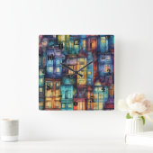 Moderne Abstracte Kunst Huizen Aquarel Kleurrijk Vierkante Klok (Huis)