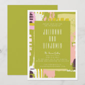 Moderne Abstracte kunst Lime Green en roze bruilof Kaart (Voorkant / Achterkant)