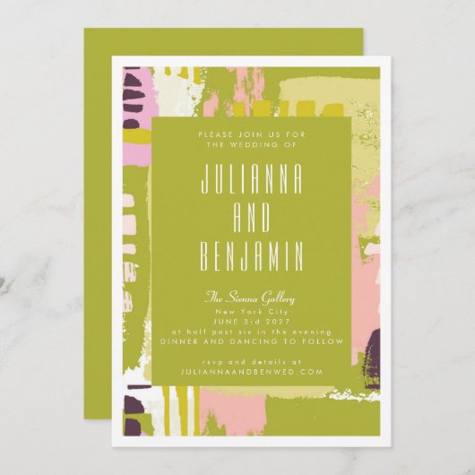 Moderne Abstracte kunst Lime Green en roze bruilof Kaart (Voorkant / Achterkant)