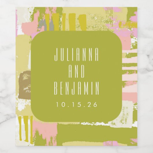 Moderne Abstracte Kunst Lime Groen Roze Trouw Aang Wijn Etiket (Enkel label)