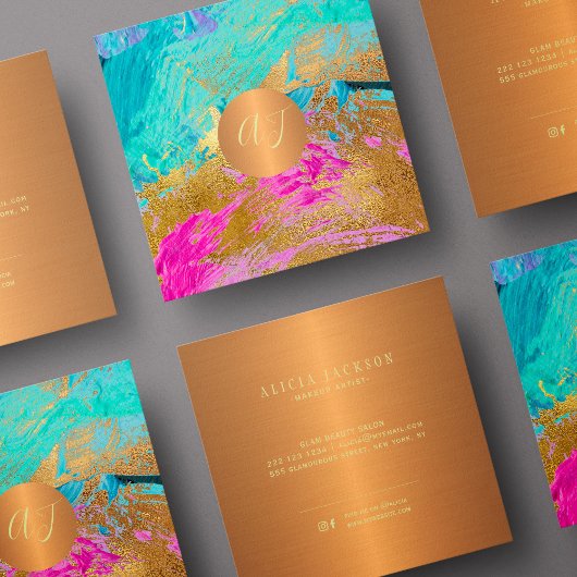 Moderne abstracte kunst schilderij koperen gouden  vierkante visitekaartje