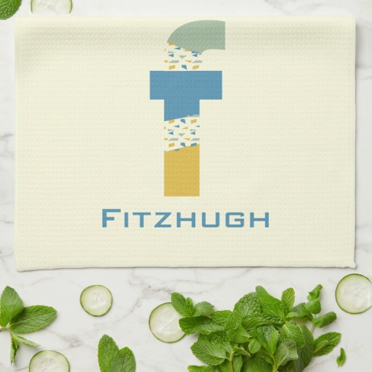 Moderne Abstracte letter F Monogram Initiaal Theedoek (Gevouwen)