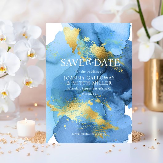 Moderne Abstracte marineblauw gouden Waterverf bru Save The Date