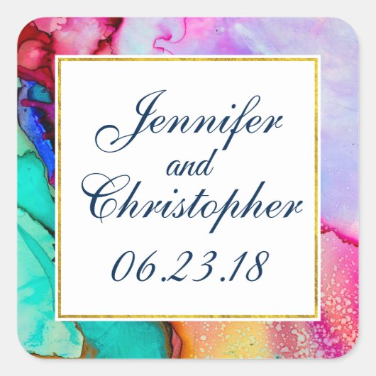 Moderne Abstracte marmer Waterverf Design Wedding Vierkante Sticker (Voorkant)