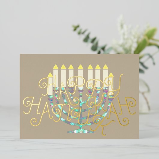 Moderne Abstracte Menora Roze Paars Blauw Folie Feestdagenkaart (Staand Voorkant)