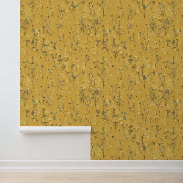 Moderne Abstracte mosterdgele wilde bloemen Behang (Applicatie)