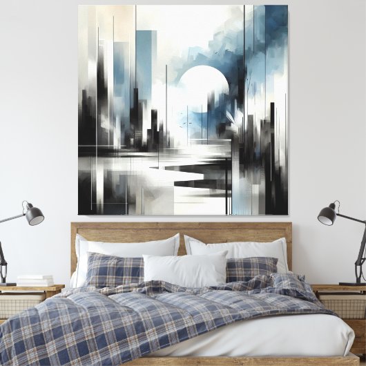Moderne Abstracte nacht City-Black Wit en blauw Canvas Afdruk (Insitu (Slaapkamer))