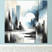 Moderne Abstracte nacht City-Black Wit en blauw Canvas Afdruk (Insitu (Houten vloer))
