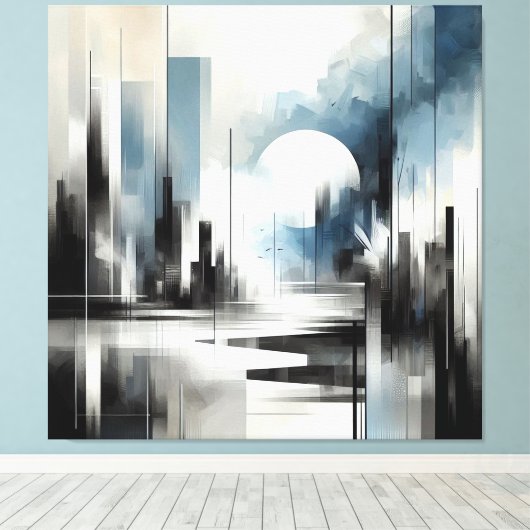Moderne Abstracte nacht City-Black Wit en blauw Canvas Afdruk (Insitu (Houten vloer))