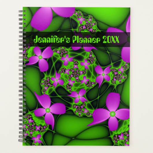 Moderne Abstracte Neon Pink Green Art Flowers Naam Planner (Voorkant)