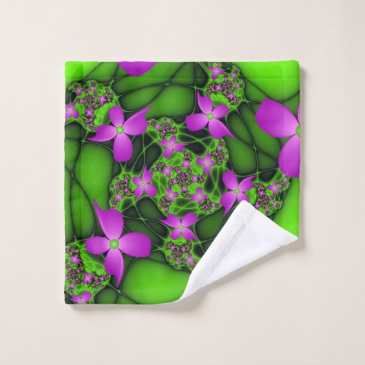 Moderne Abstracte Neon Pink Green Fractal Flowers Bad Handdoek (Wasdoekje)