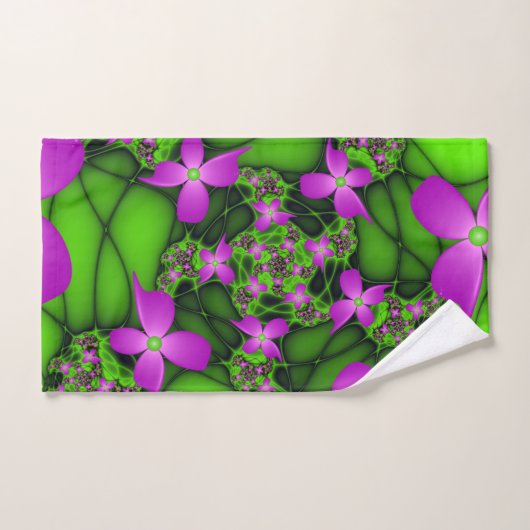 Moderne Abstracte Neon Pink Green Fractal Flowers Bad Handdoek (Handdoek)