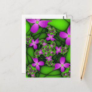 Moderne Abstracte Neon Pink Green Fractal Flowers Briefkaart