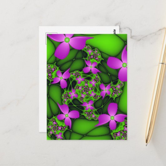 Moderne Abstracte Neon Pink Green Fractal Flowers Briefkaart (Voorkant / Achterkant in situ)