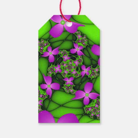 Moderne Abstracte Neon Pink Green Fractal Flowers Cadeaulabel (Voorkant)