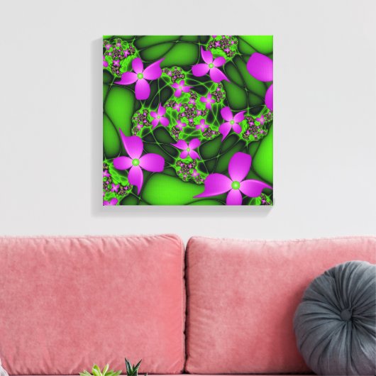 Moderne Abstracte Neon Pink Green Fractal Flowers Canvas Afdruk (Insitu (Woonkamer))