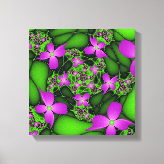 Moderne Abstracte Neon Pink Green Fractal Flowers Canvas Afdruk (Voorkant)