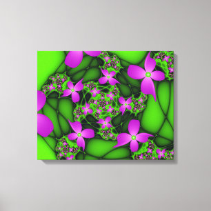 Moderne Abstracte Neon Pink Green Fractal Flowers Canvas Afdruk