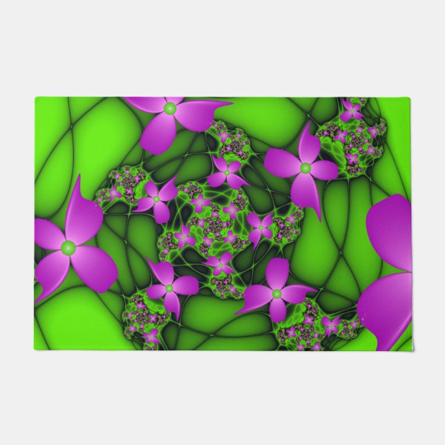 Moderne Abstracte Neon Pink Green Fractal Flowers Deurmat (Voorkant)