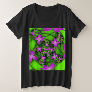 Moderne Abstracte Neon Pink Green Fractal Flowers Grote Maat T-shirt