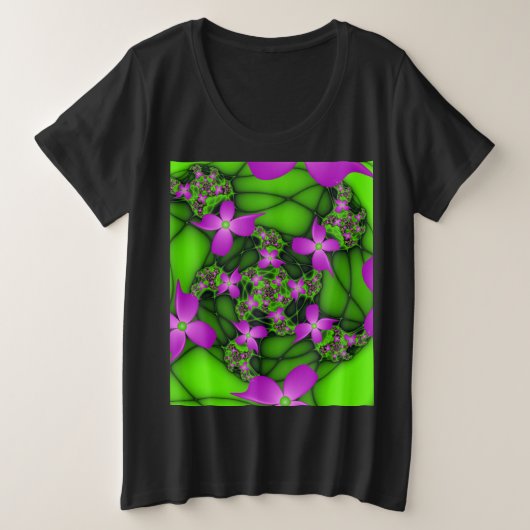 Moderne Abstracte Neon Pink Green Fractal Flowers Grote Maat T-shirt (Design voorkant)