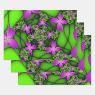 Moderne Abstracte Neon Pink Green Fractal Flowers Inpakpapier Vel