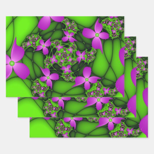 Moderne Abstracte Neon Pink Green Fractal Flowers Inpakpapier Vel (Set)