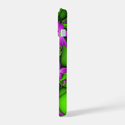 Moderne Abstracte Neon Pink Green Fractal Flowers iPhone 15 Case (Linkerkant)