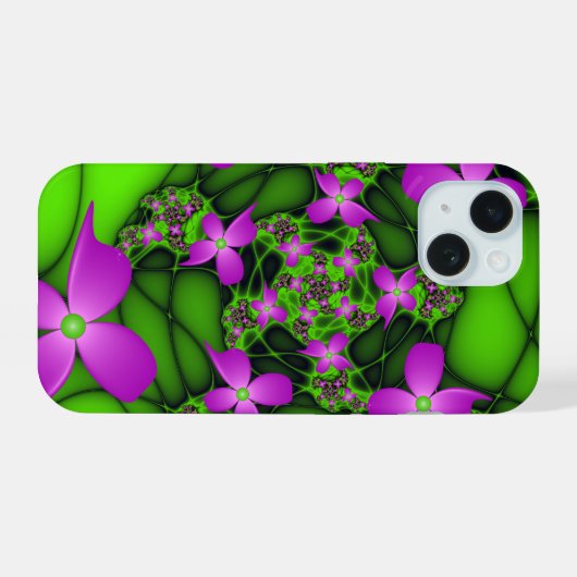 Moderne Abstracte Neon Pink Green Fractal Flowers iPhone 15 Case (Achterkant horizontaal)