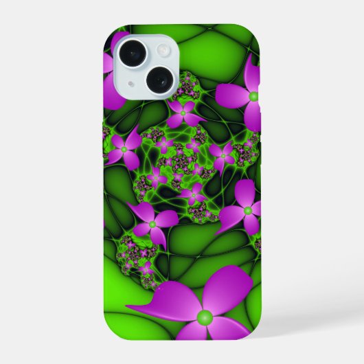 Moderne Abstracte Neon Pink Green Fractal Flowers iPhone 15 Case (Achterkant)