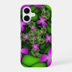 Moderne Abstracte Neon Pink Green Fractal Flowers iPhone 16 Hoesje