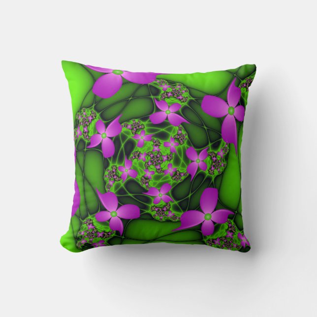 Moderne Abstracte Neon Pink Green Fractal Flowers Kussen (Voorkant)