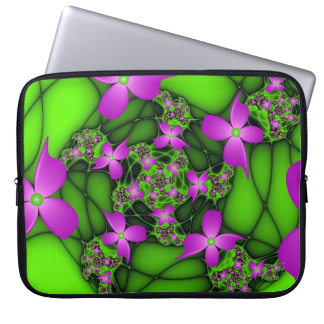 Moderne Abstracte Neon Pink Green Fractal Flowers Laptop Sleeve (Voorkant)