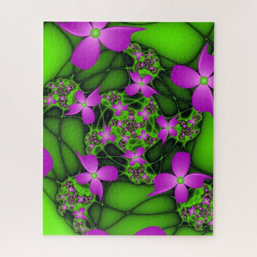 Moderne Abstracte Neon Pink Green Fractal Flowers Legpuzzel (Verticaal)