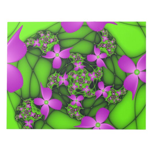 Moderne Abstracte Neon Pink Green Fractal Flowers Notitieblok (Voorkant)