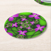 Moderne Abstracte Neon Pink Green Fractal Flowers Ronde Kartonnen Onderzetter (Gebogen)