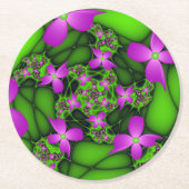 Moderne Abstracte Neon Pink Green Fractal Flowers Ronde Kartonnen Onderzetter (Voorkant)