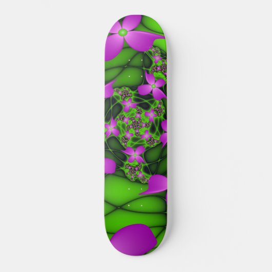 Moderne Abstracte Neon Pink Green Fractal Flowers Skateboard (Voorkant)