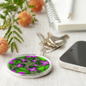 Moderne Abstracte Neon Pink Green Fractal Flowers Sleutelhanger (Zijkant)