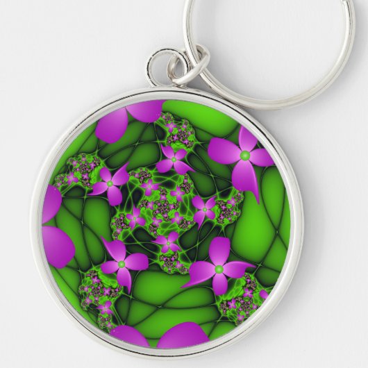 Moderne Abstracte Neon Pink Green Fractal Flowers Sleutelhanger (Voorkant)