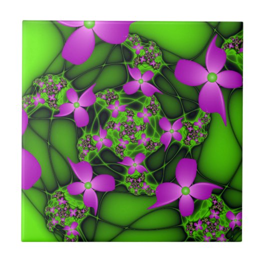 Moderne Abstracte Neon Pink Green Fractal Flowers Tegeltje (Voorkant)
