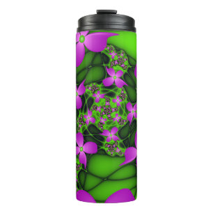 Moderne Abstracte Neon Pink Green Fractal Flowers Thermosbeker
