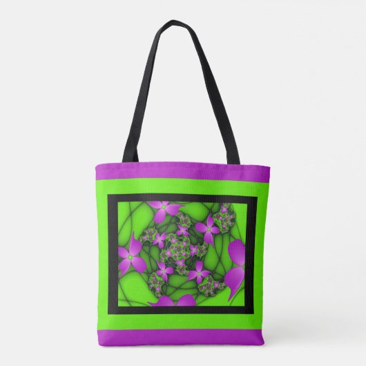 Moderne Abstracte Neon Pink Green Fractal Flowers Tote Bag (Achterkant)